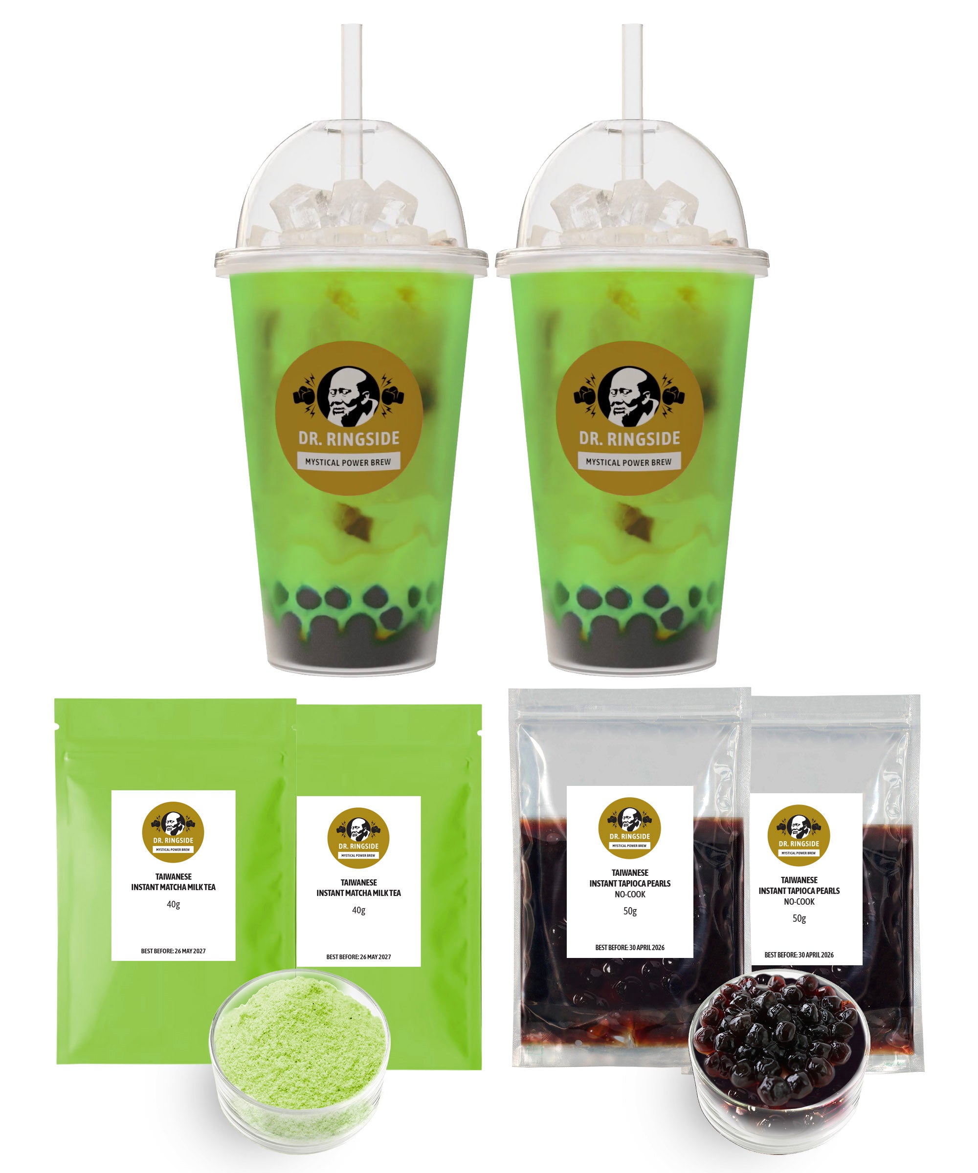 Dr. Ringside Instant Hot Water MATCHA Milk Tea Powder and Tapioca Pearls Combo Cup (2-Pack) | 500ml Cup Size | No-Cook Ready to Eat Pearls