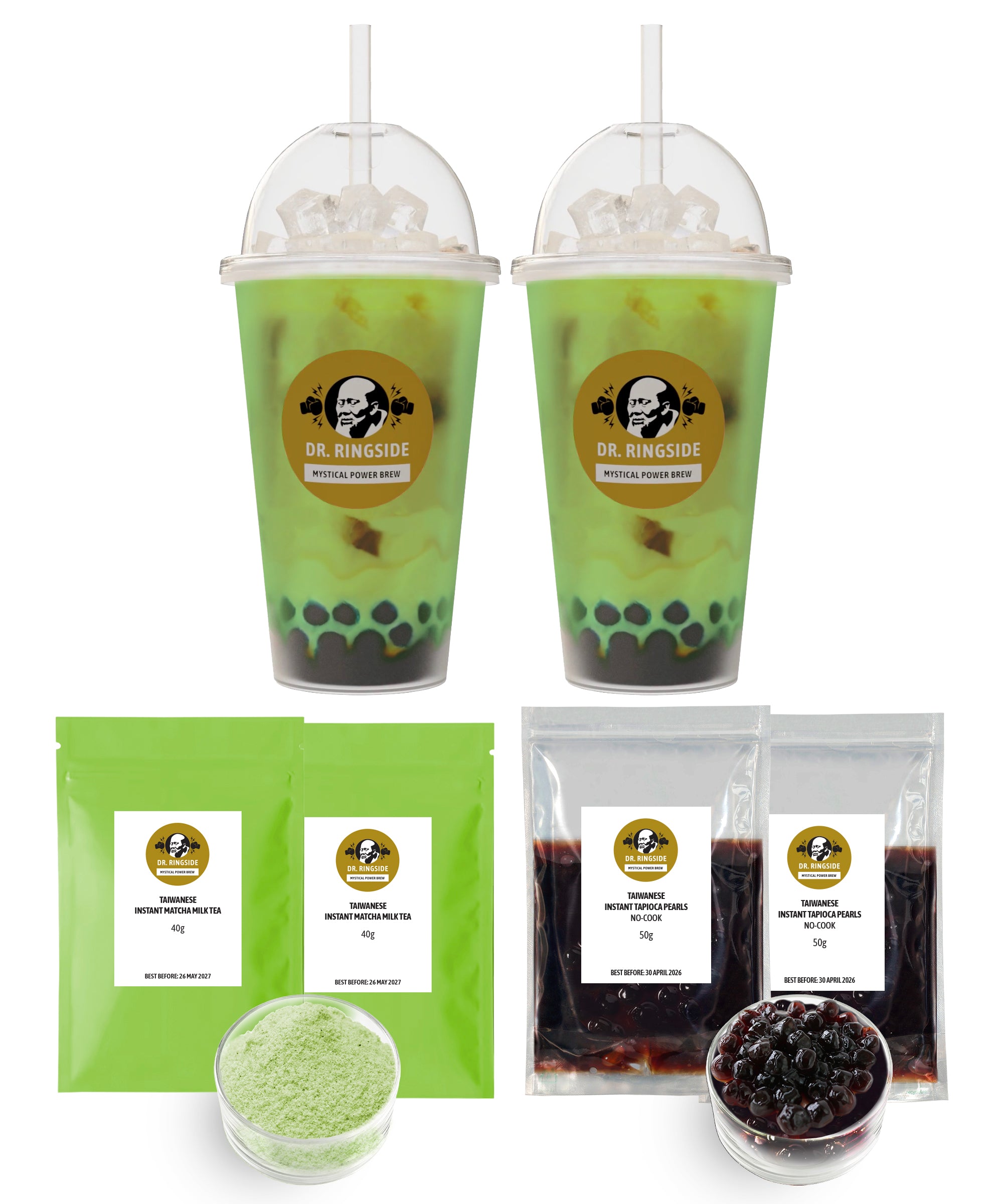 Dr. Ringside Instant HOT WATER Matcha Milk Tea Powder and Tapioca Pearls Combo Cup (2-Pack) | 500ml Cup Size | No-Cook Ready to Eat Pearls