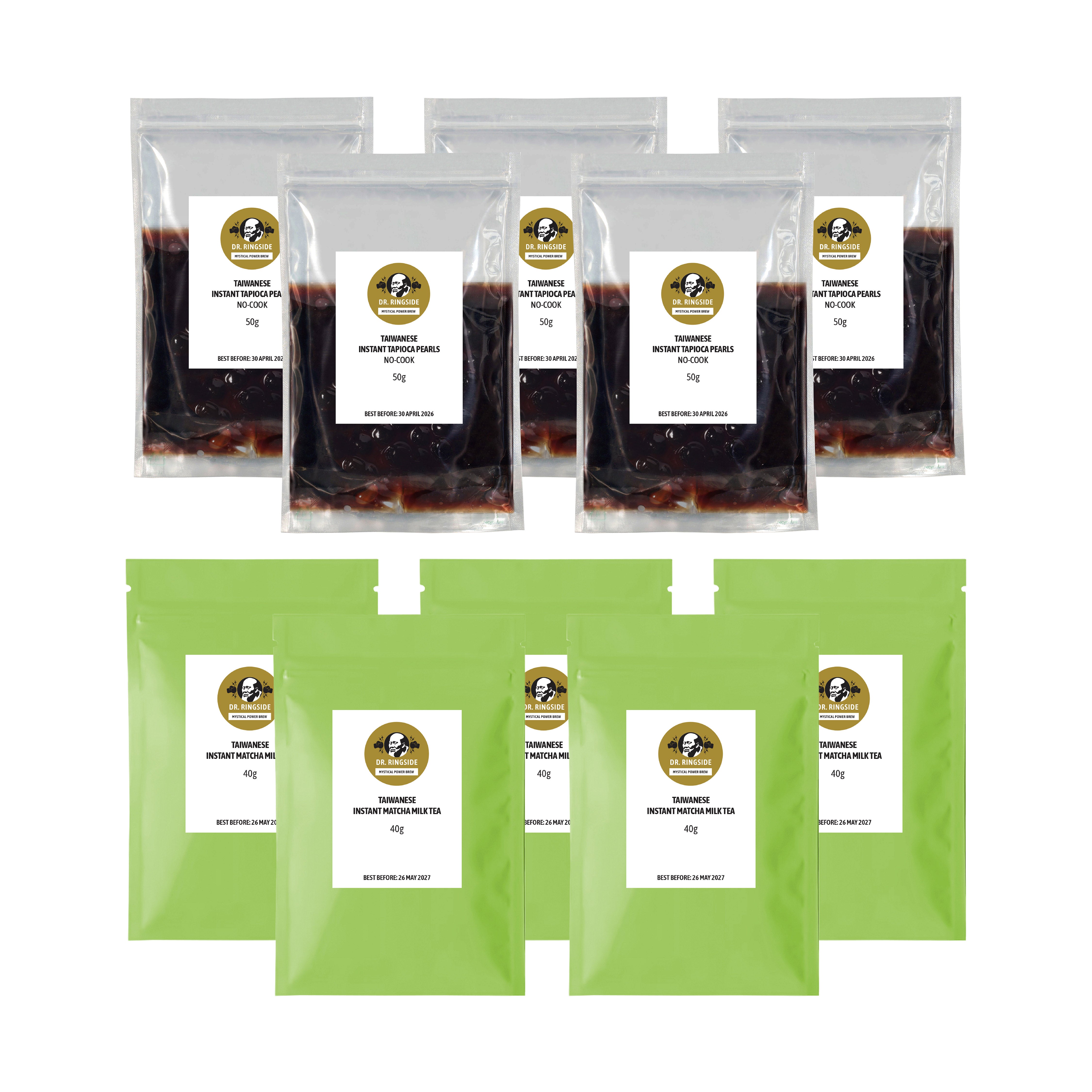 Dr. Ringside Instant MATCHA Milk Tea Powder and Tapioca Pearls (5-Pack) | No-Cook Ready to Eat Pearls