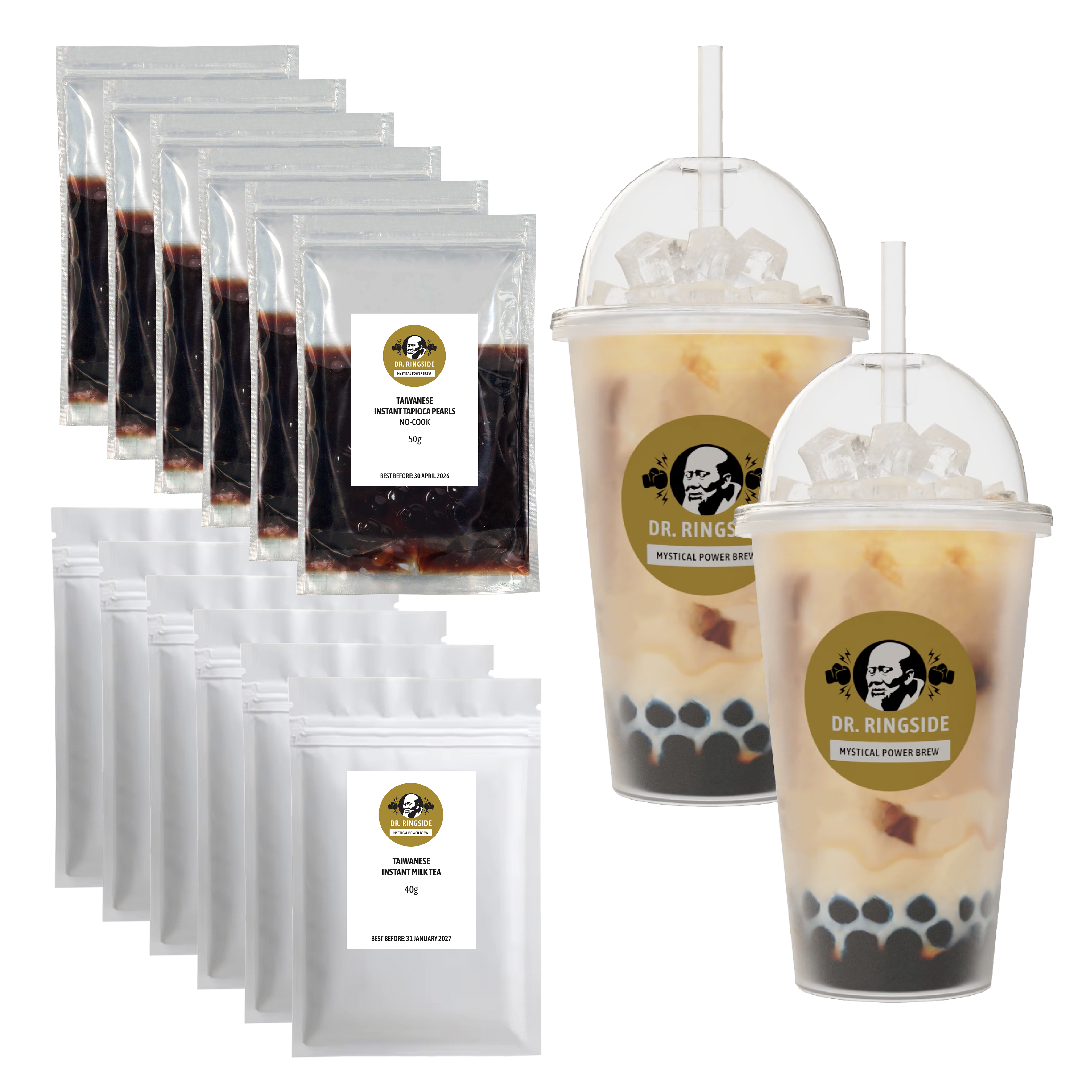 Dr. Ringside Instant Hot Water Milk Tea Powder and Tapioca Pearls 6-Pack with 2 Cups | Bubble Tea Kit | 500ml Cup Size | No-Cook Ready to Eat Pearls | Boba Tea | Taiwanese Pearl Milk Tea